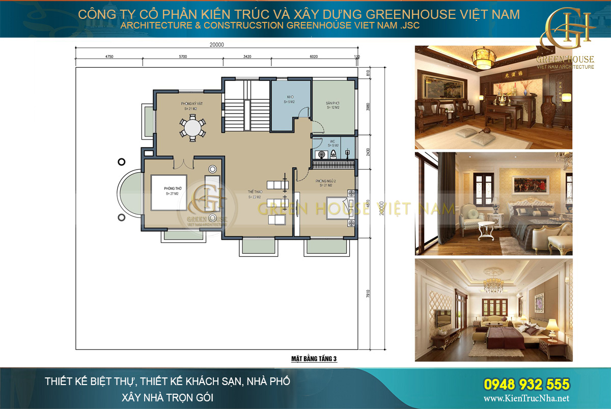 mẫu biệt thự tân cổ điển 3 tầng 400m2
