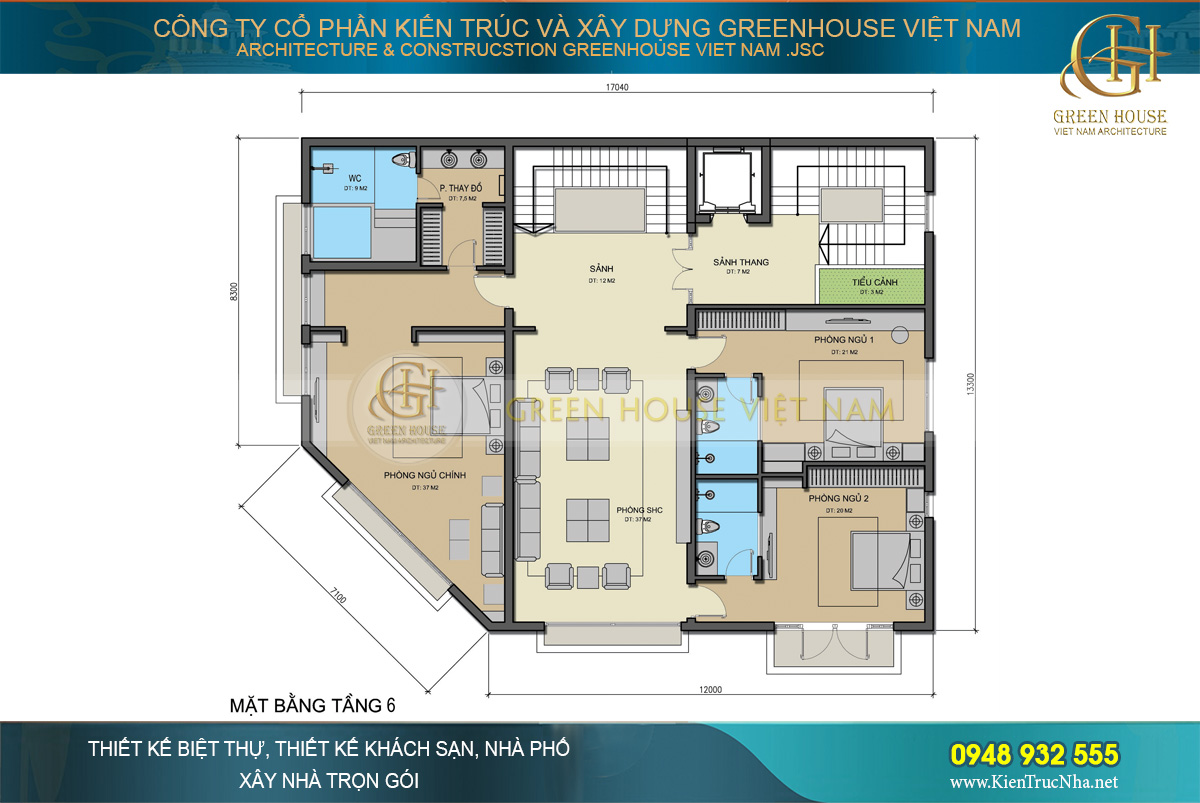 Mẫu biệt thự phố kết hợp kinh doanh 6 tầng 3 mặt tiền