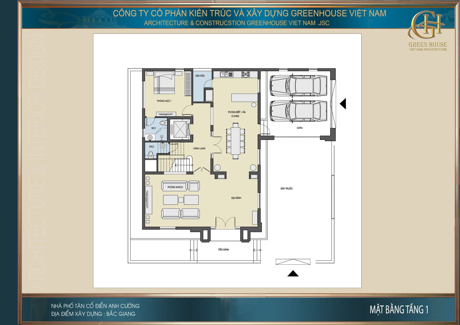 Bố trí công năng sử dụng tầng 1 của biệt thự tân cổ điển Bắc Giang