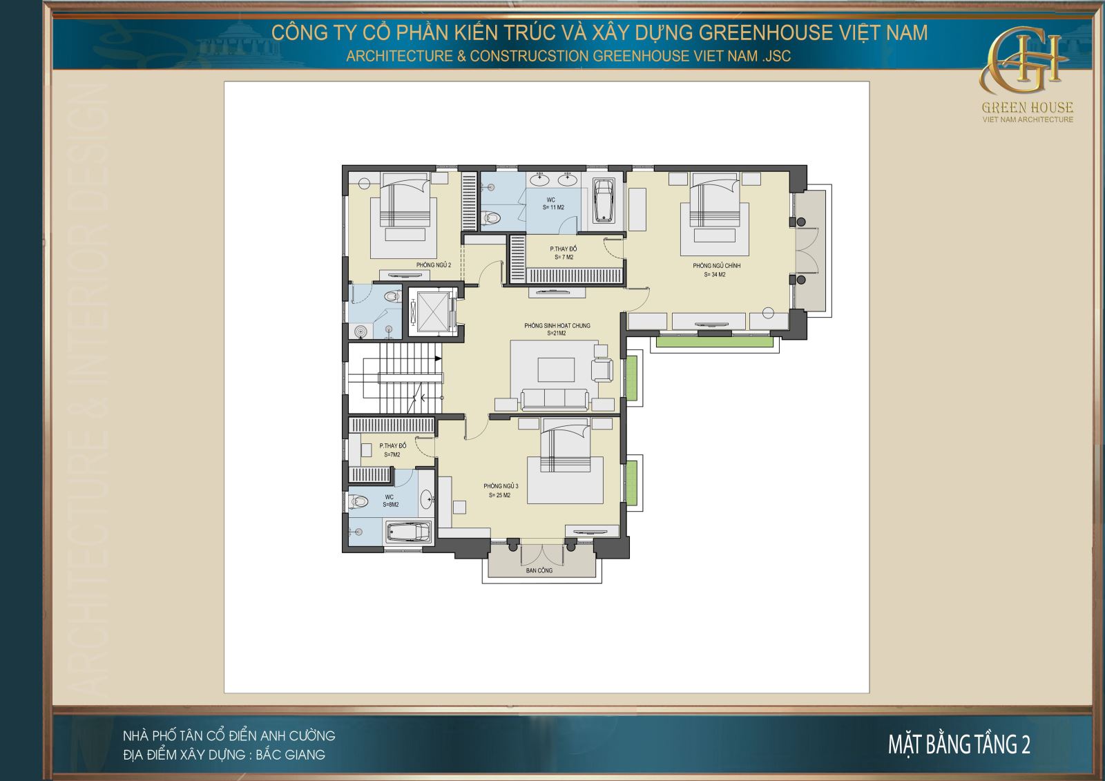Bố trí công năng sử dụng tầng 2 của biệt thự tân cổ điển Bắc Giang