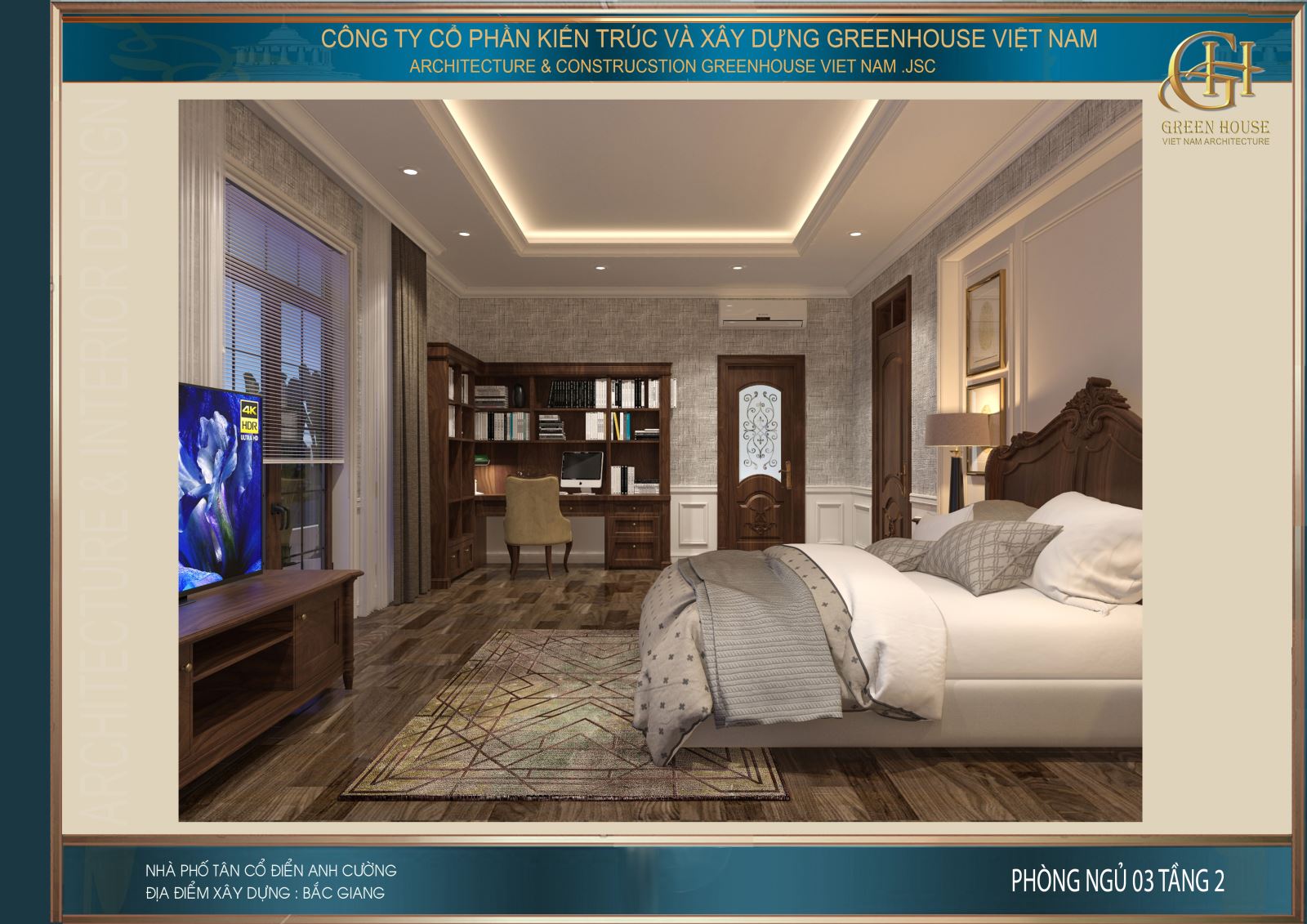 Phòng ngủ số 3 có hệ thông bàn làm việc thiết kế kết hợp với gia sách gỗ