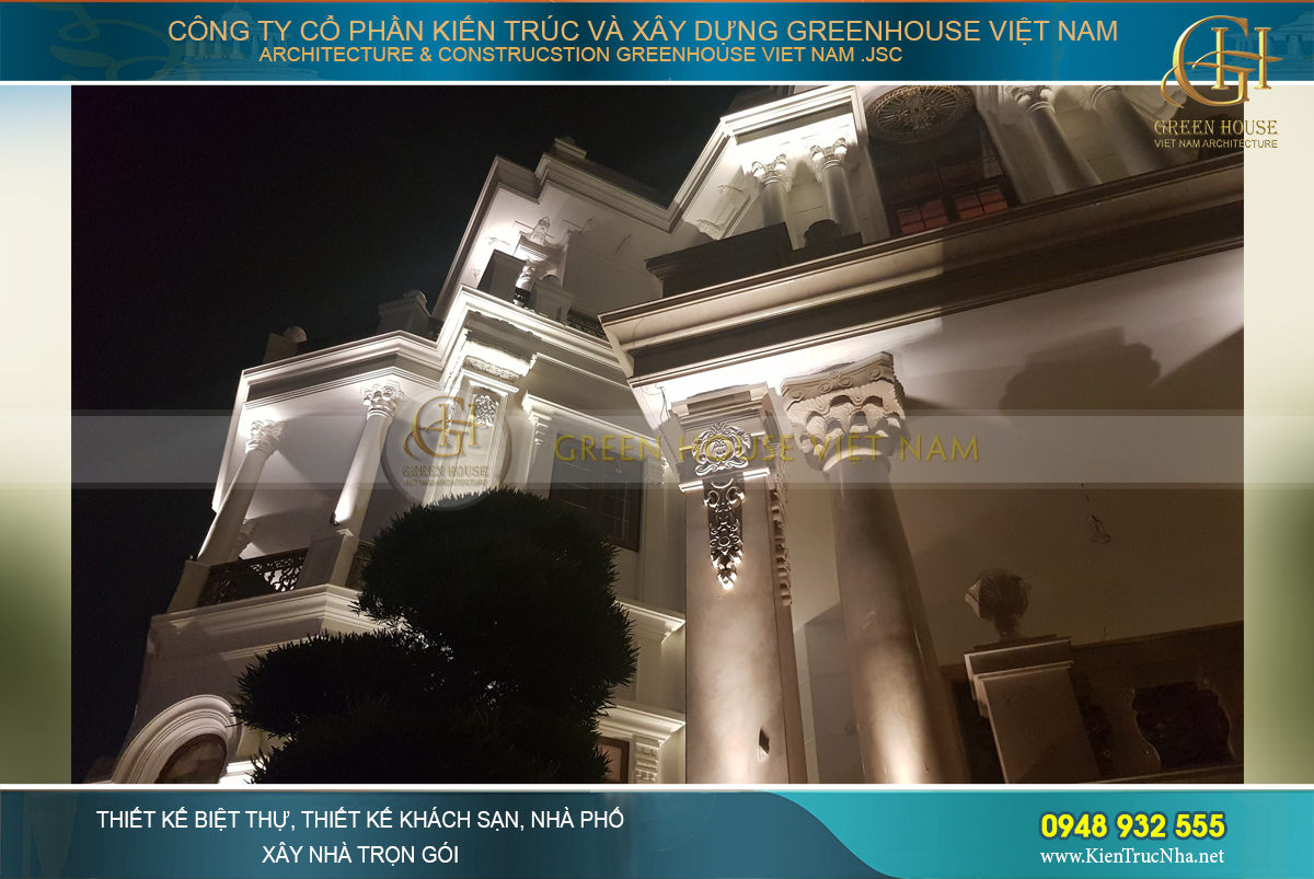 Phối cảnh thực tế biệt thự tân cổ điển vào buổi tối.
