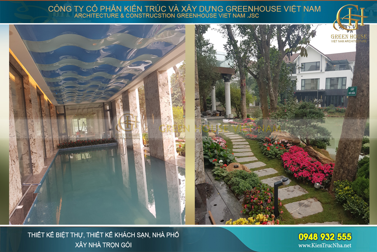 Khu vực tiểu cảnh và bề bơi ngay trong khuôn viên căn biệt thự.