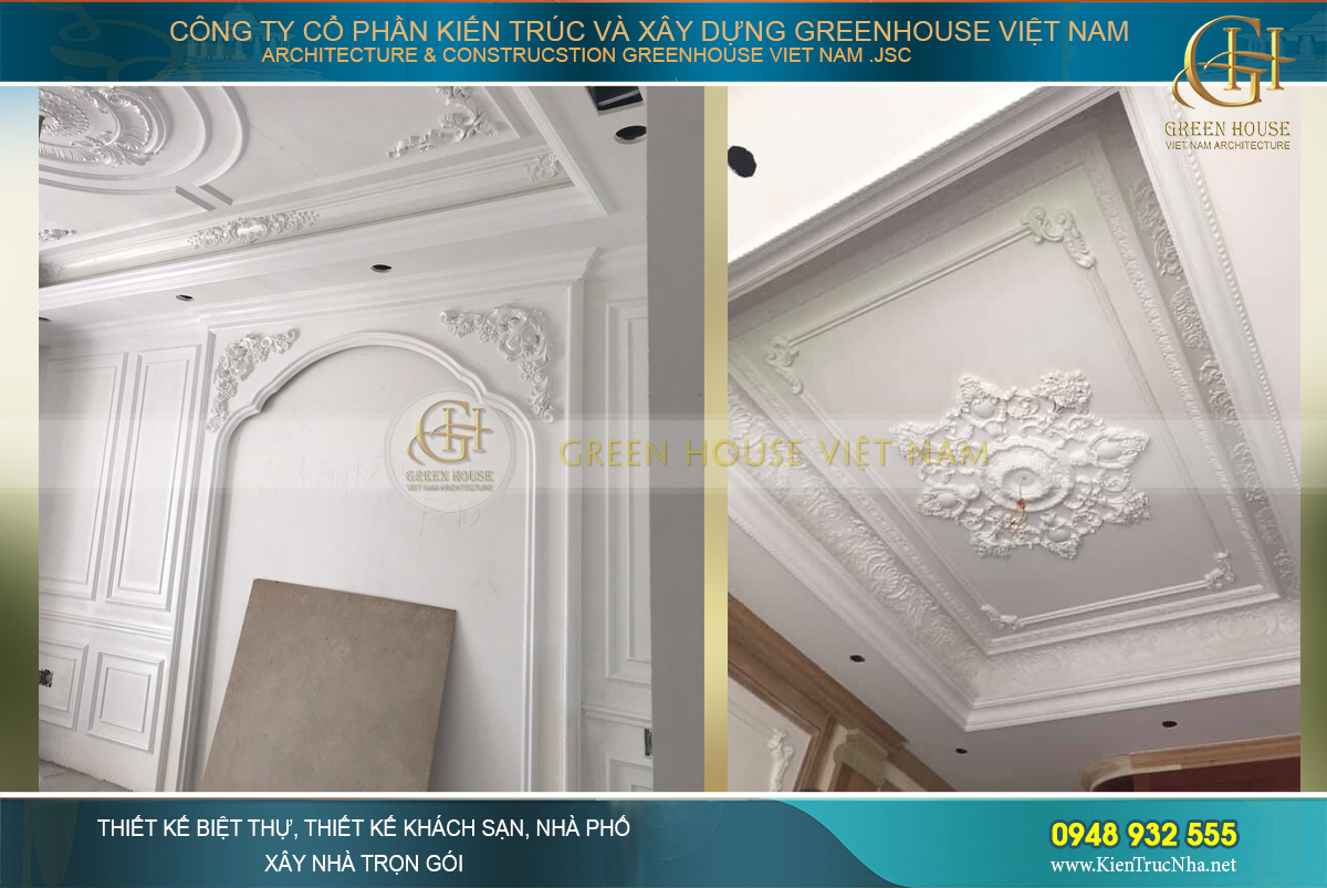 Công đoạn thi công trần biệt thự tân cổ điển.