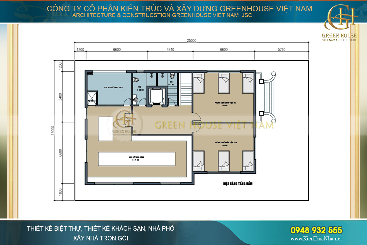 Mặt bằng công năng tầng hầm với không gian khu bếp, kho lạnh và phòng nghỉ nhân viên