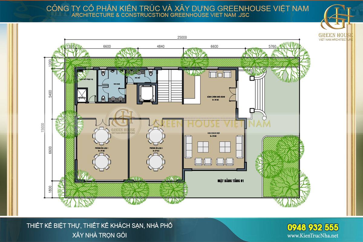Mặt bằng công năng tầng 1 với không gian sảnh chính rộng rãi và phòng ăn