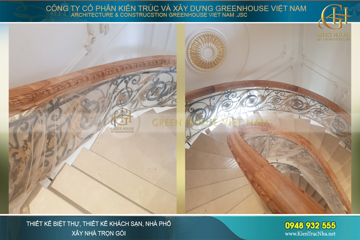 Hệ thống cầu thang từ vật liệu gỗ và sắt không gỉ.