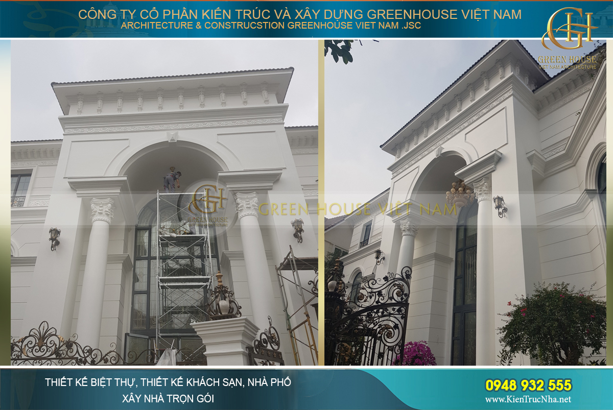 Thực tế bên ngoài công trình biệt thự tân cổ điển.