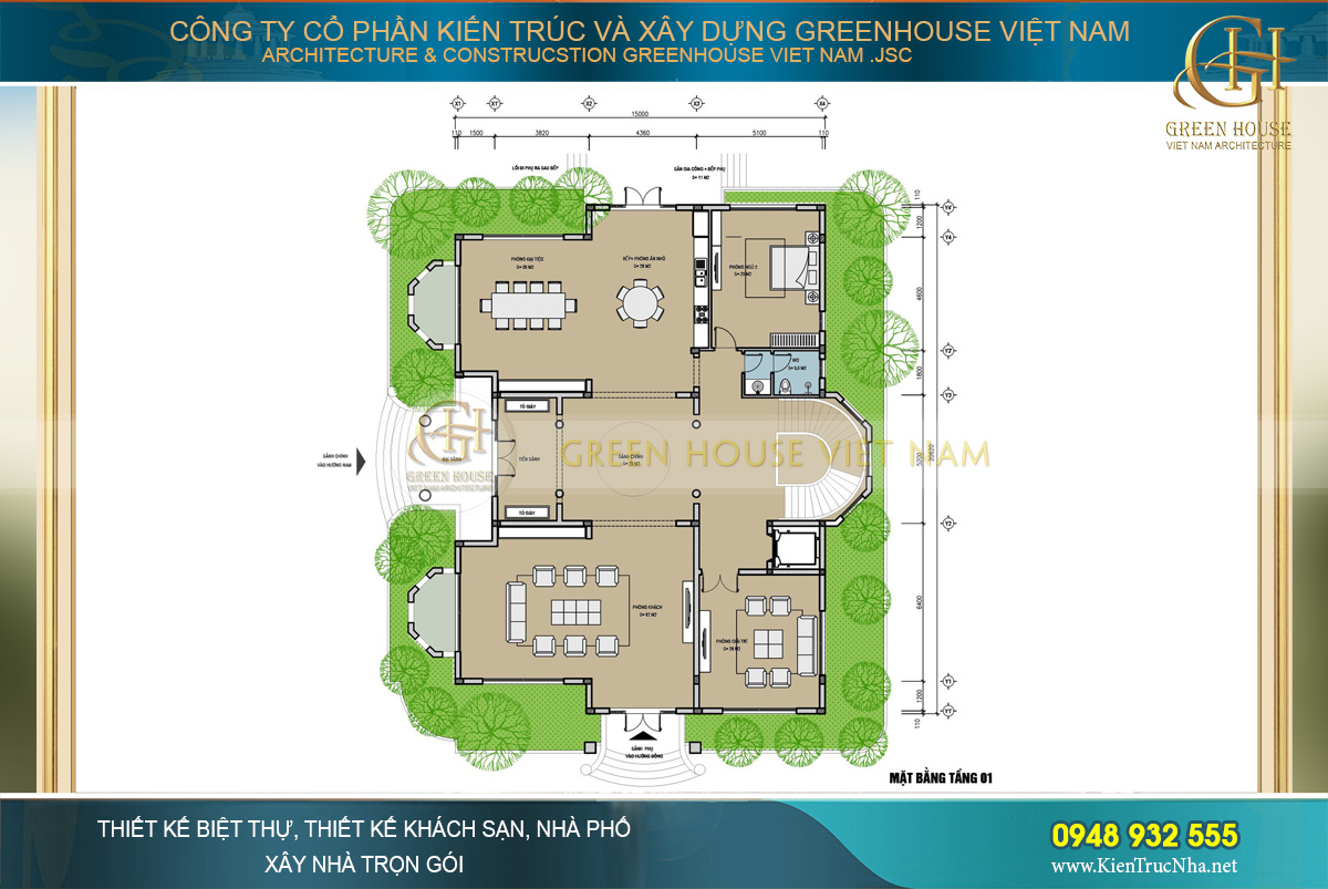 Bố trí mặt bằng công năng tầng 1 của biệt thự tân cổ điển 2 tầng
