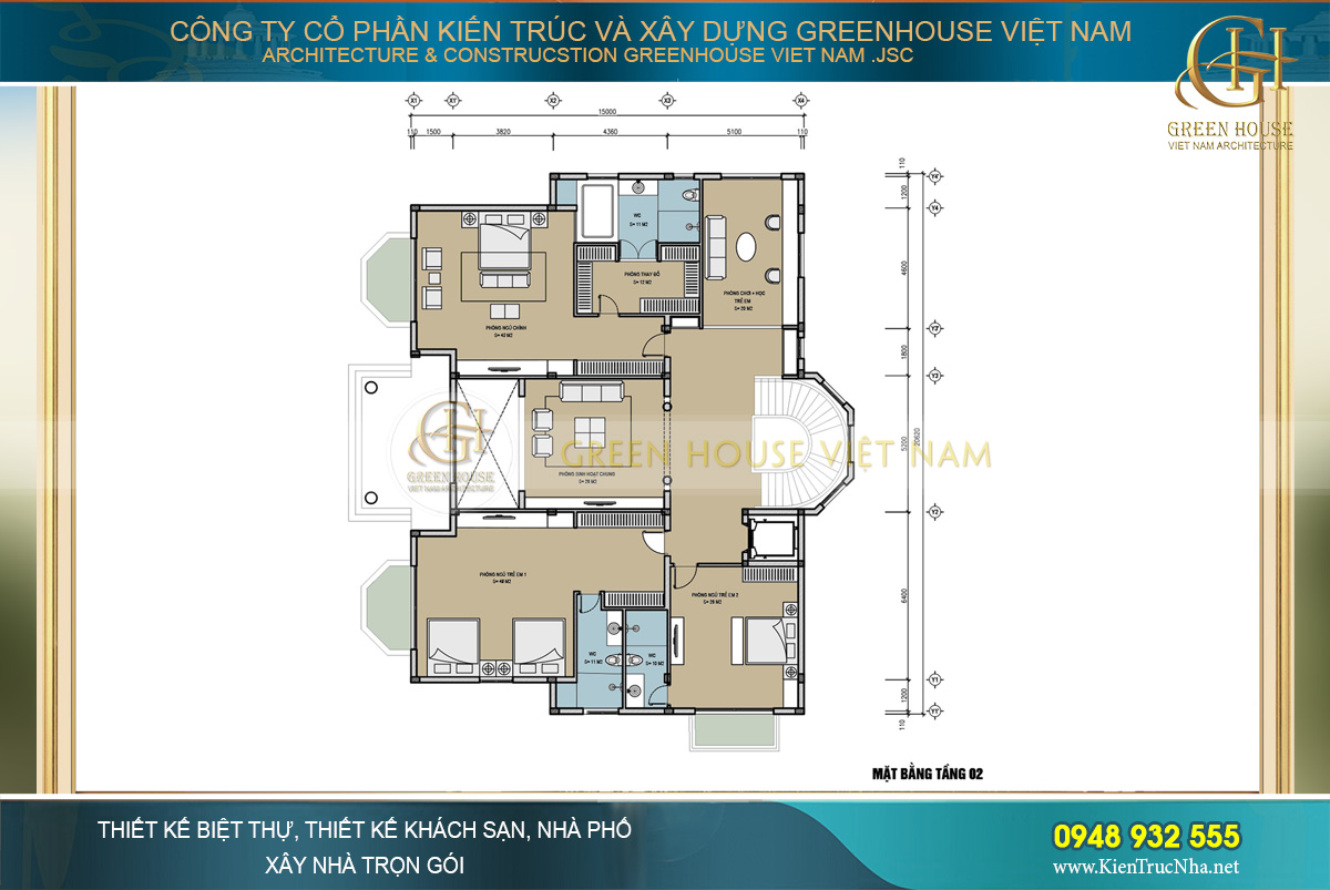 Bố trí mặt bằng công năng tầng 2 của biệt thự tân cổ điển 2 tầng