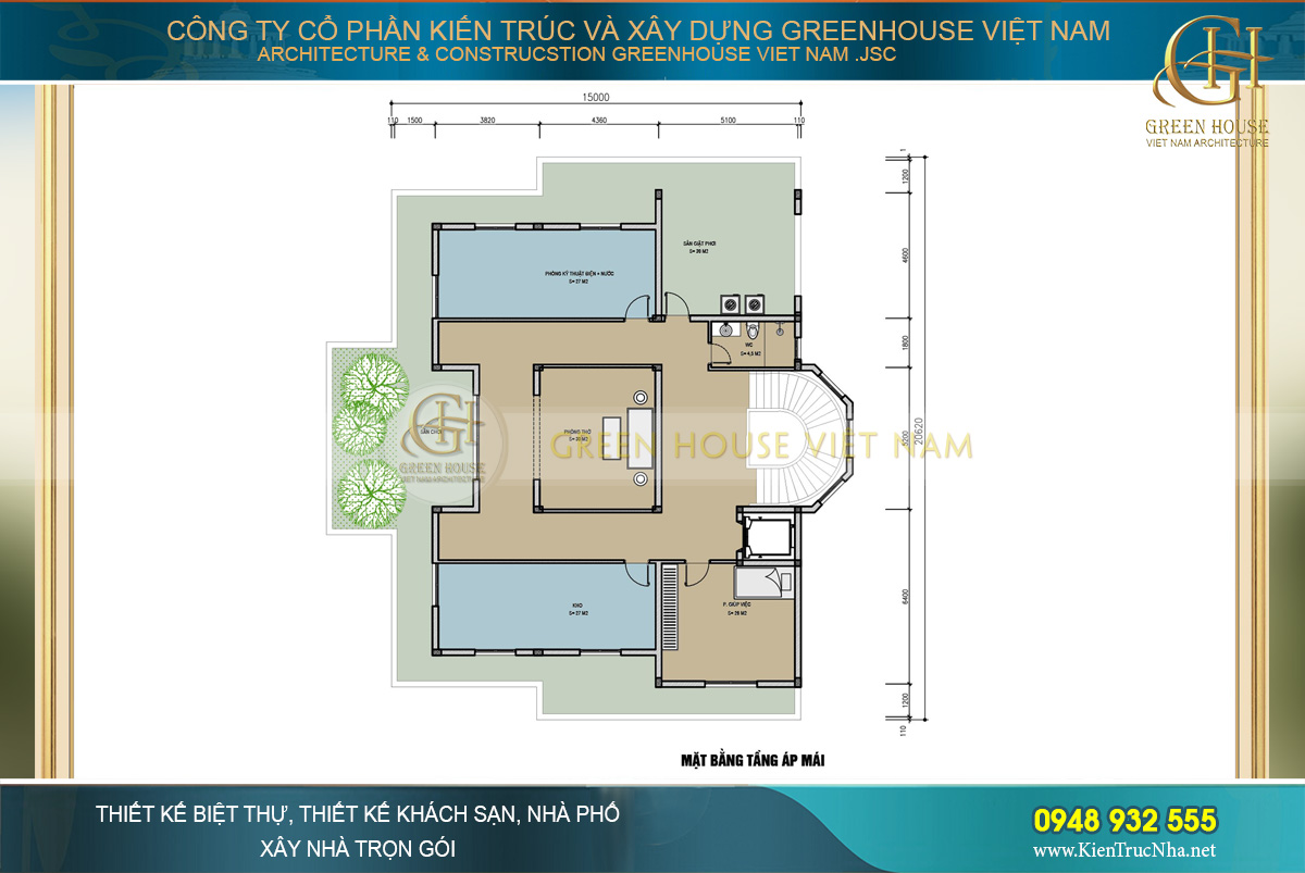Bố trí mặt bằng công năng tầng áp mái của biệt thự tân cổ điển 2 tầng