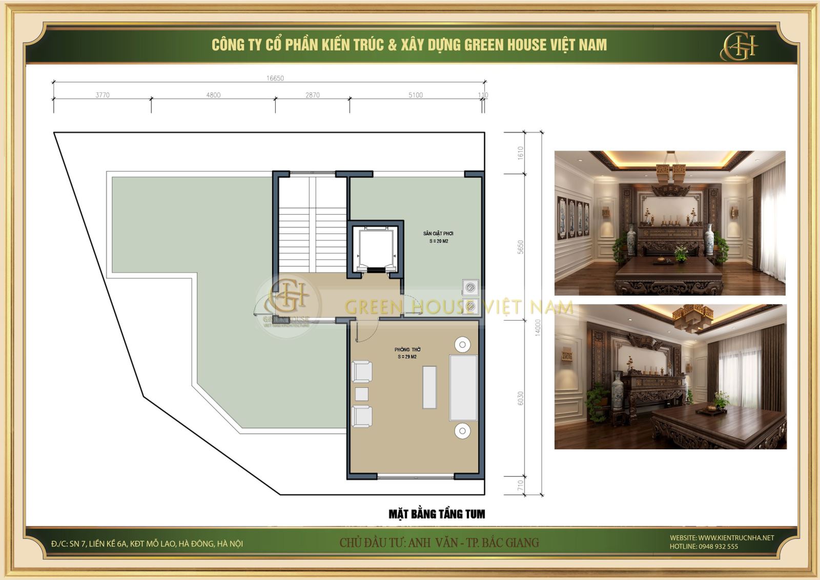 Bố trí mặt bằng công năng tầng tum cho biệt thự tân cổ điển 3 tầng 1 tum