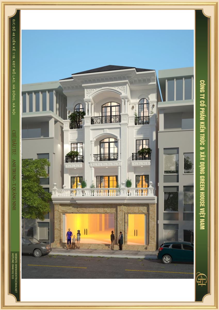 Thiết kế ngoại thất tầng 1 được ốp đá Granite tự nhiên nguyên khối màu vàng hoàng kim nổi bật