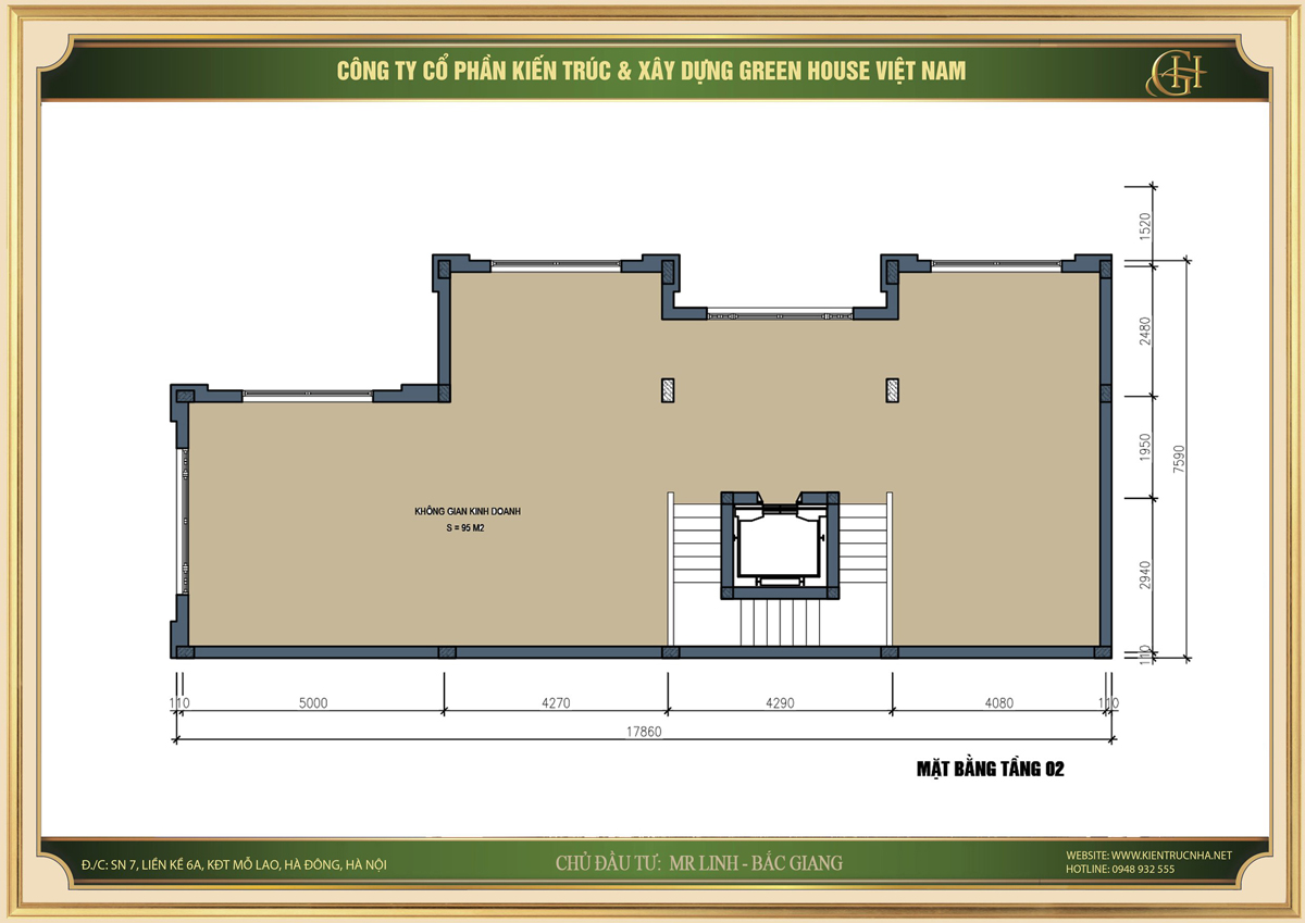Mặt bằng công năng tầng 2 được sử dụng làm không gian kinh doanh