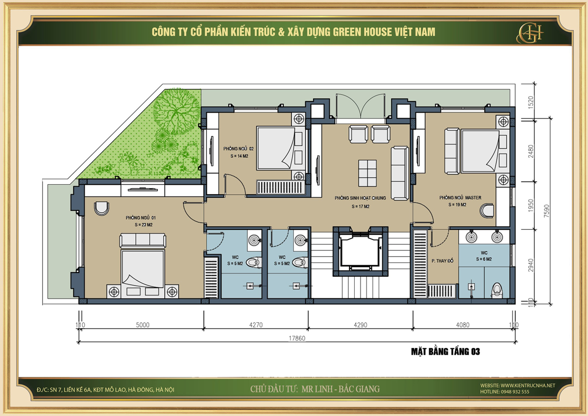 Mặt bằng công năng tầng 3 là không gian riêng tư cho các thành viên trong gia đình