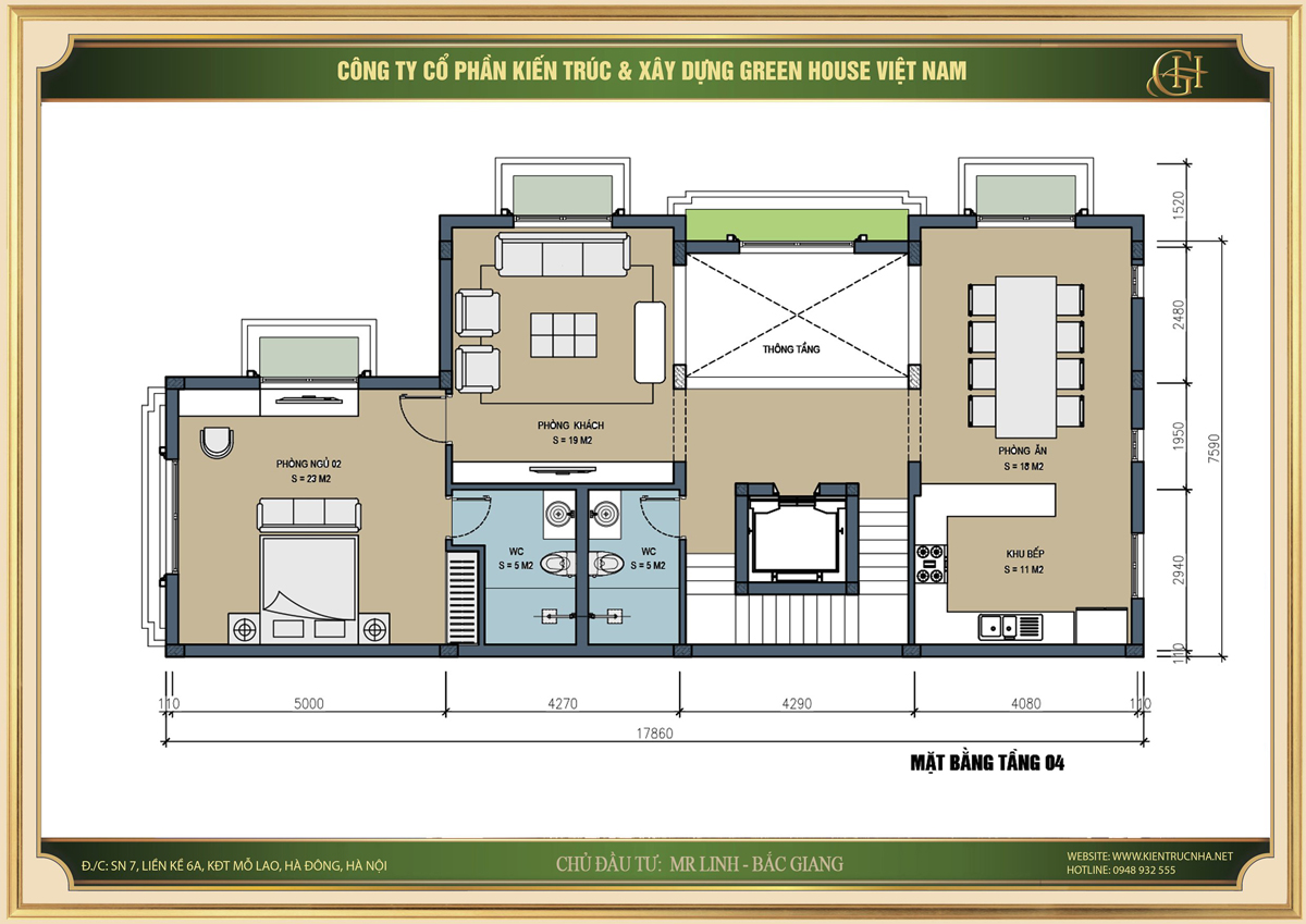 Thiết kế công năng tầng 4 với các không gian chính như phòng khách, phòng bếp....