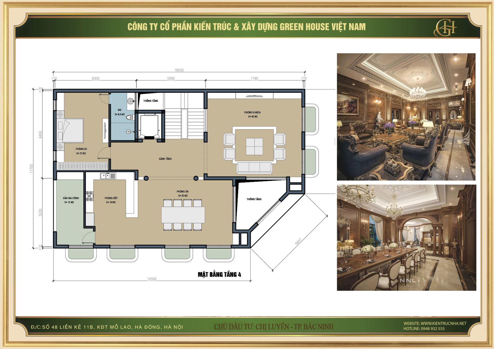 Thiết kế mặt bằng tầng 4 bao gồm không gian sinh hoạt như phòng khách phòng bếp và phòng ăn