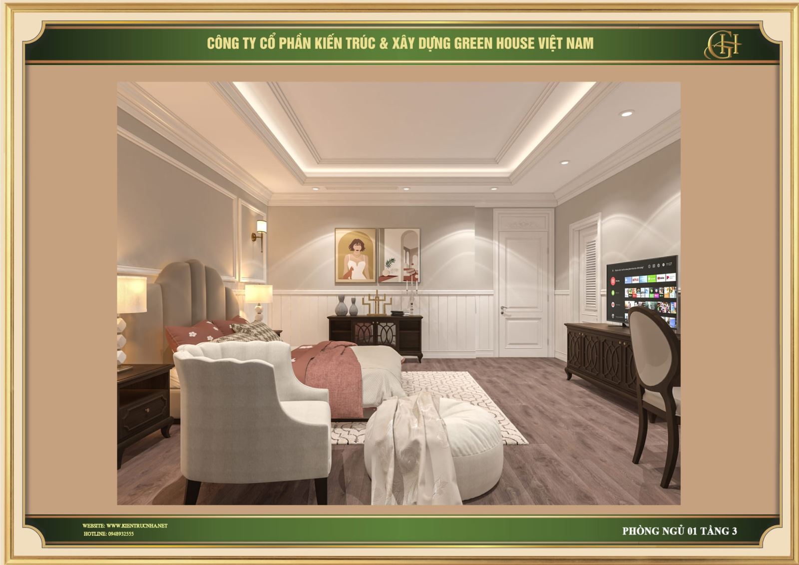 Chiếc giường giúp không gian nội thất phòng ngủ có thiết kế tân cổ điển trở nên sang trọng hơn