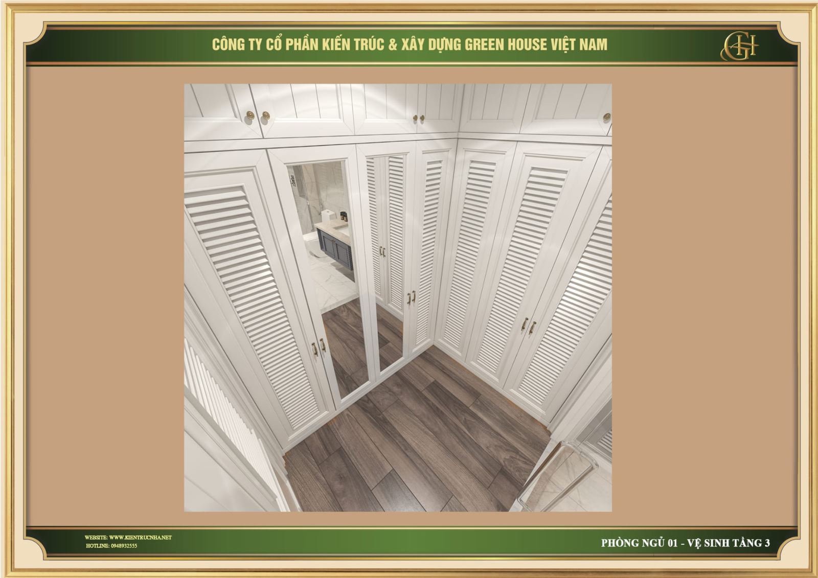 Tủ quần áo tại phòng ngủ số 1 này nổi bật với thiết kế dạng âm tường 