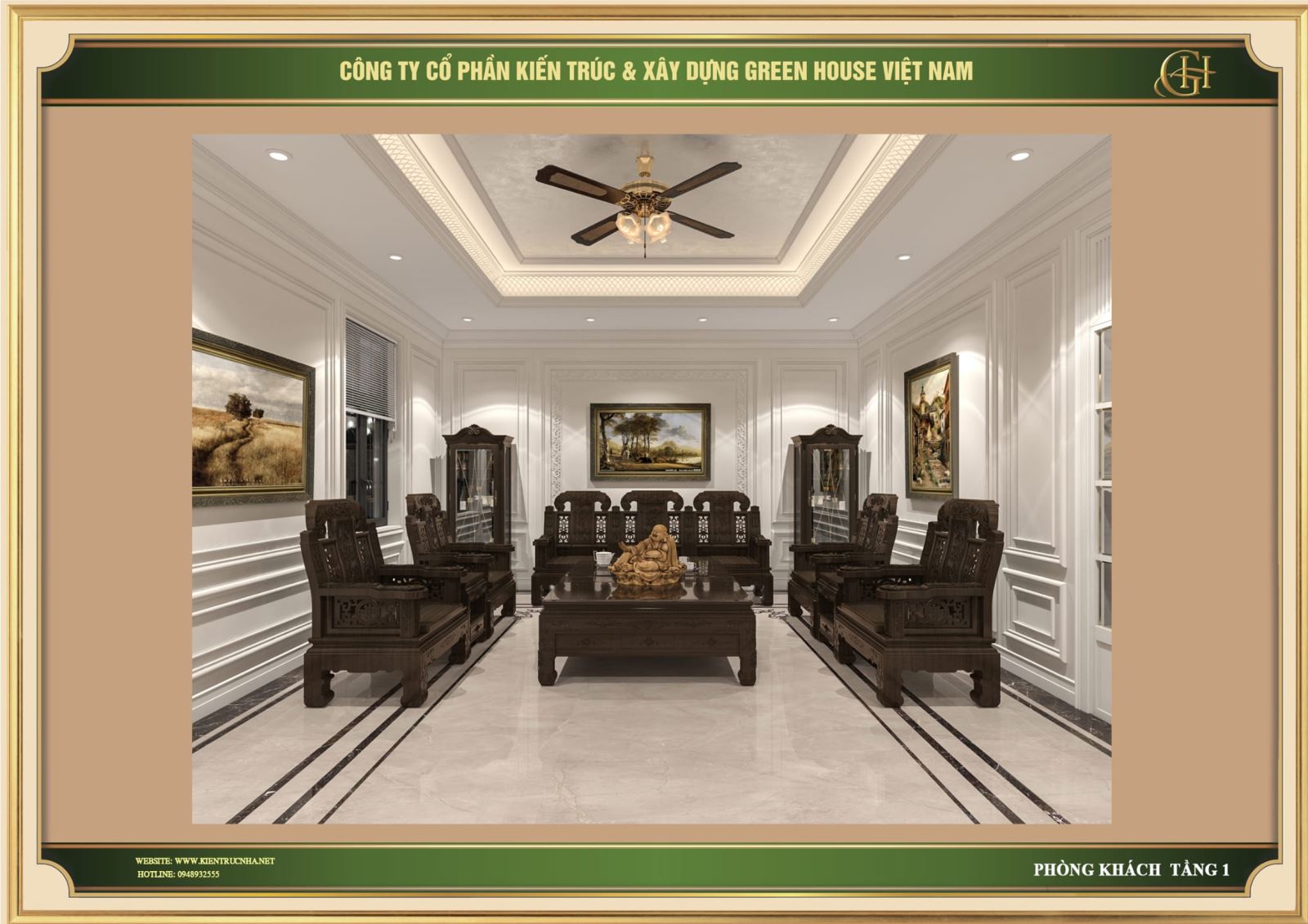 Green House Việt Nam đã lựa chọn tone trắng làm màu sắc chủ đạo cho nội thất phòng khách tân cổ điển