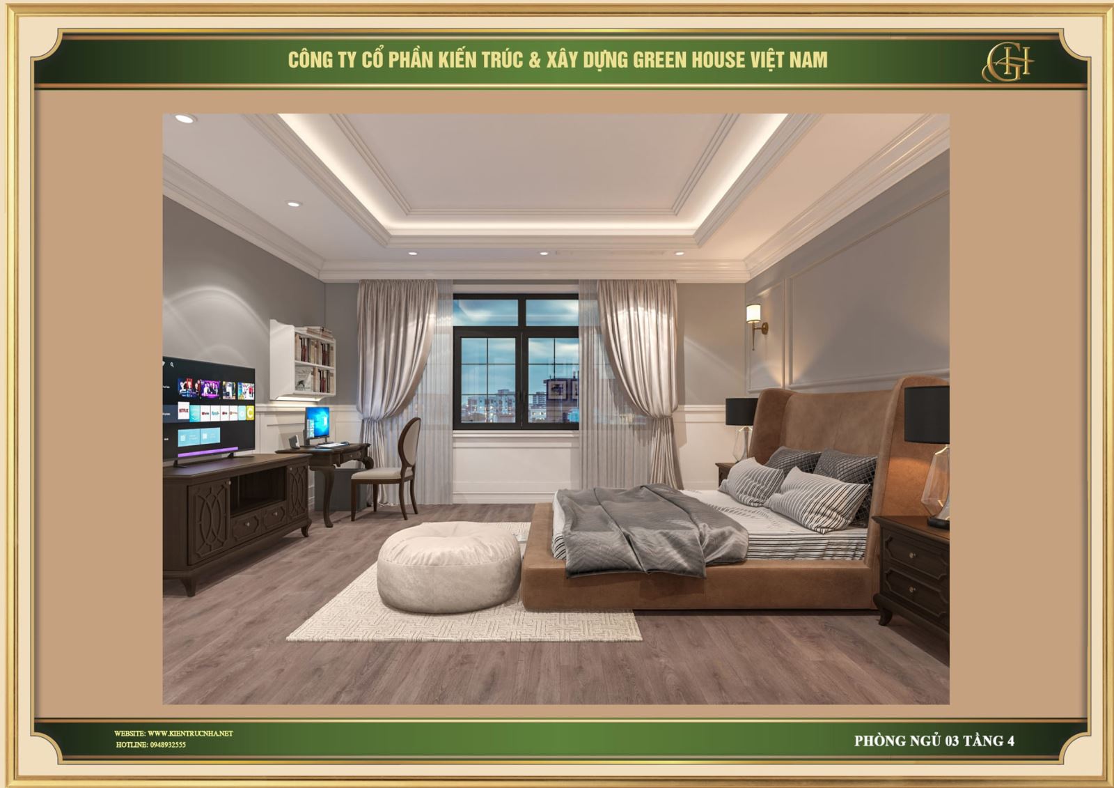 Phòng ngủ tân cổ điển số 3 được thiết kế xóa bỏ sự mềm mại, uyển chuyển không phù hợp mà vẫn đảm bảo tính sang trọng