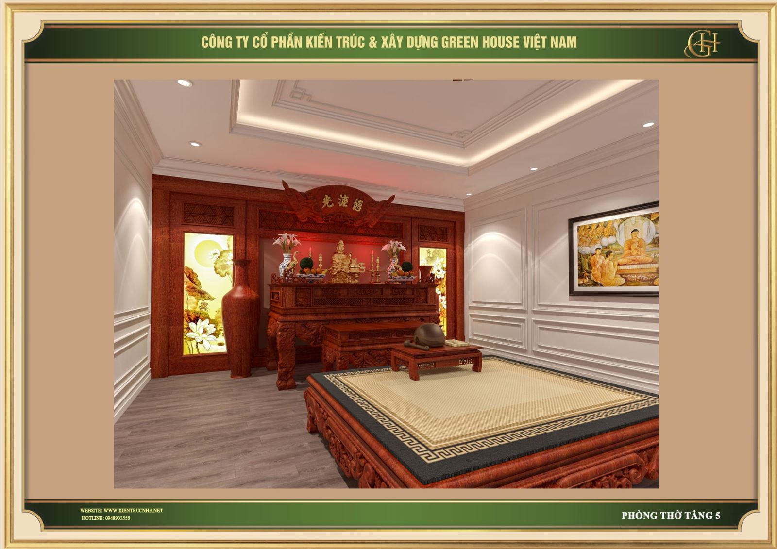 Thiết kế trang nghiêm với chiếc bàn thờ được trạm khắc tinh xảo, tỉ mỉ từ chất liệu gỗ