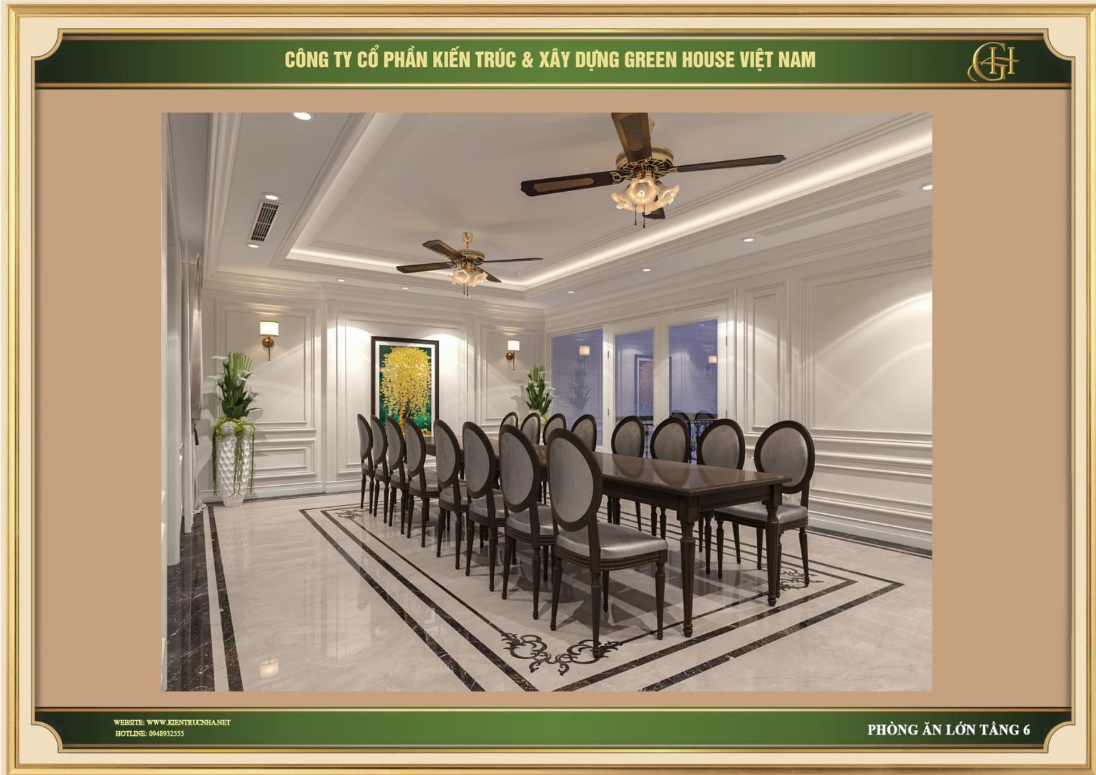 Thiết kế nội thất phòng ăn lớn phong cách tân cổ điển sang trọng, quyền lực