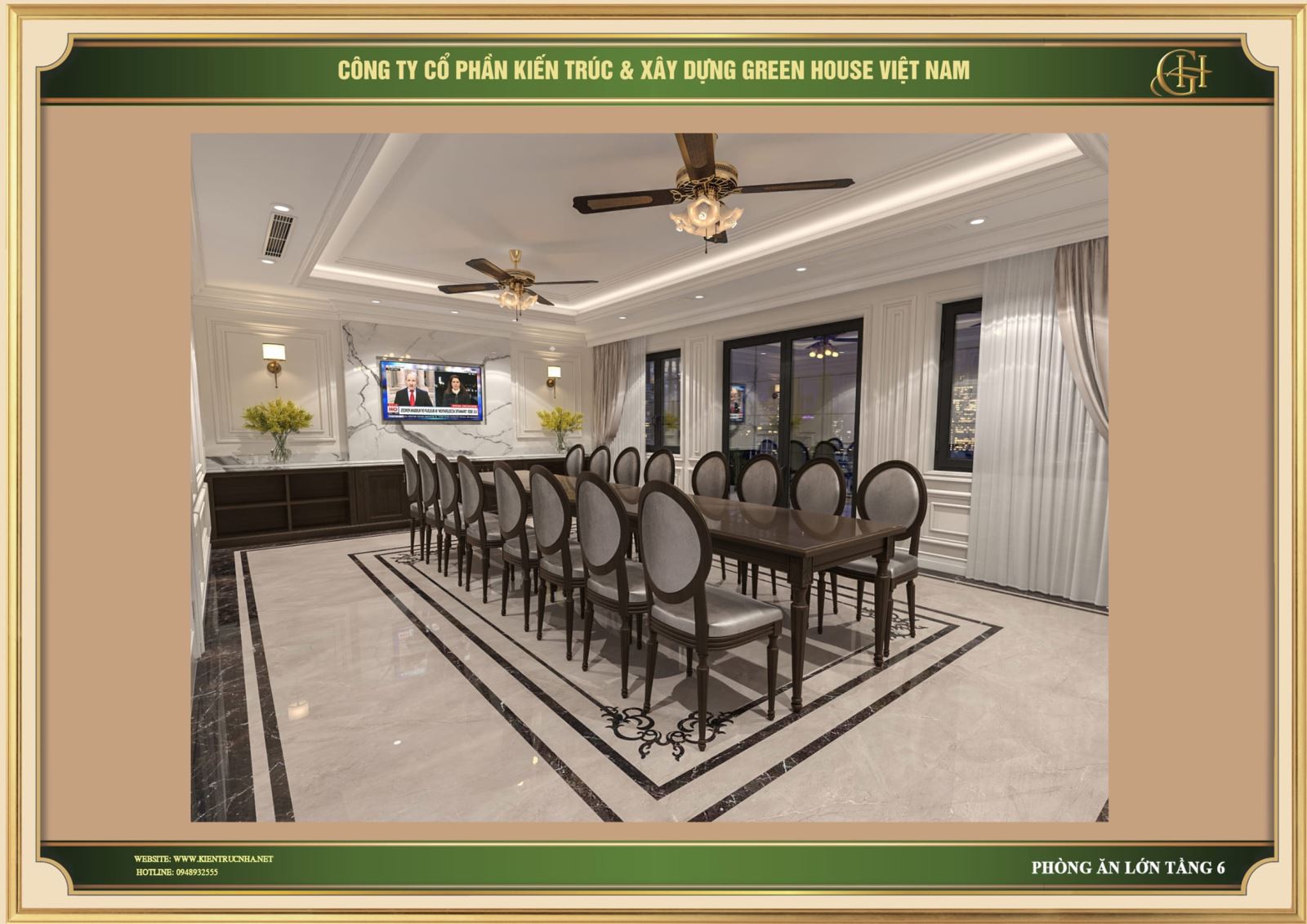 Không gian phòng ăn lớn hiện đại với bàn chữ nhật rộng và 16 ghế kiểu dáng gọn nhẹ hiện đại, tinh tế