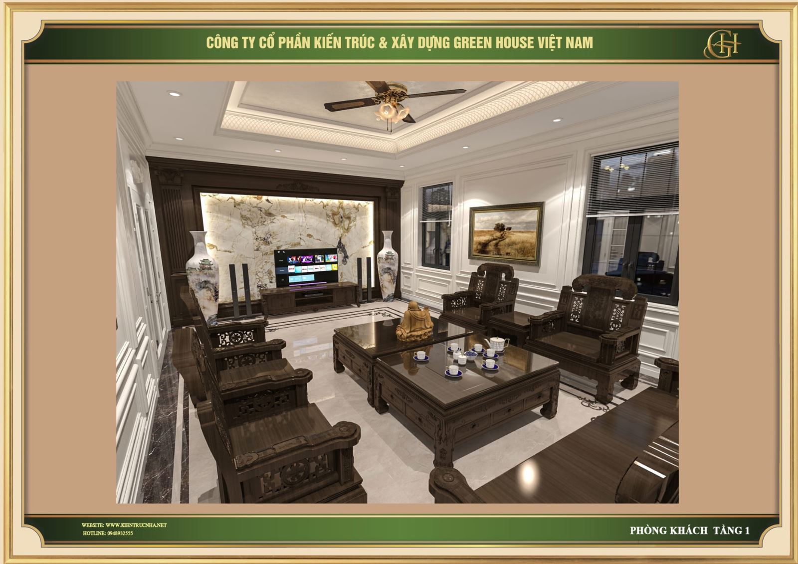 Phòng khách  hiện lên với một nét đẹp cổ kính đầy nhẹ nhàng giống như một bức tranh nghệ thuật