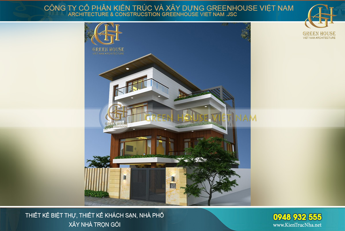 thiết kế biệt thự 4 tầng hiện đại hình chữ L