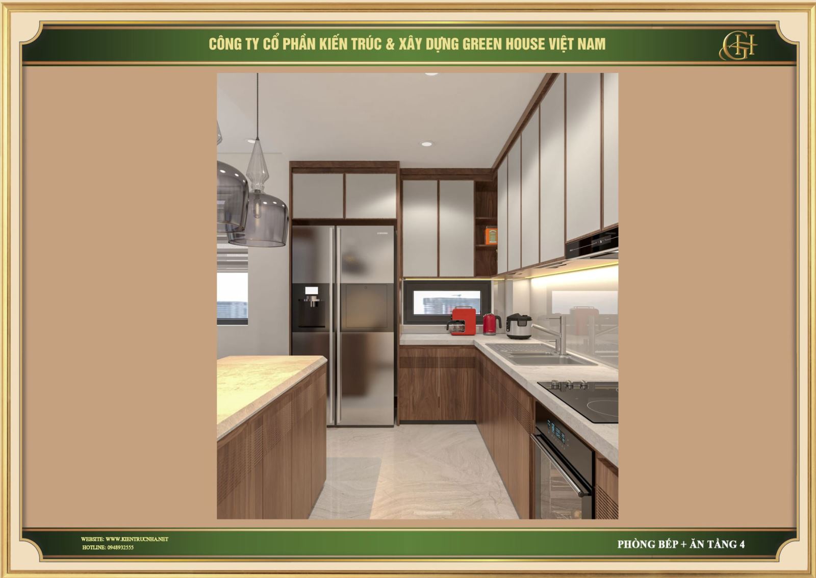 Hệ thông tủ bếp tiện nghi, chất liệu cao cấp tại nhà phố tân cổ điển