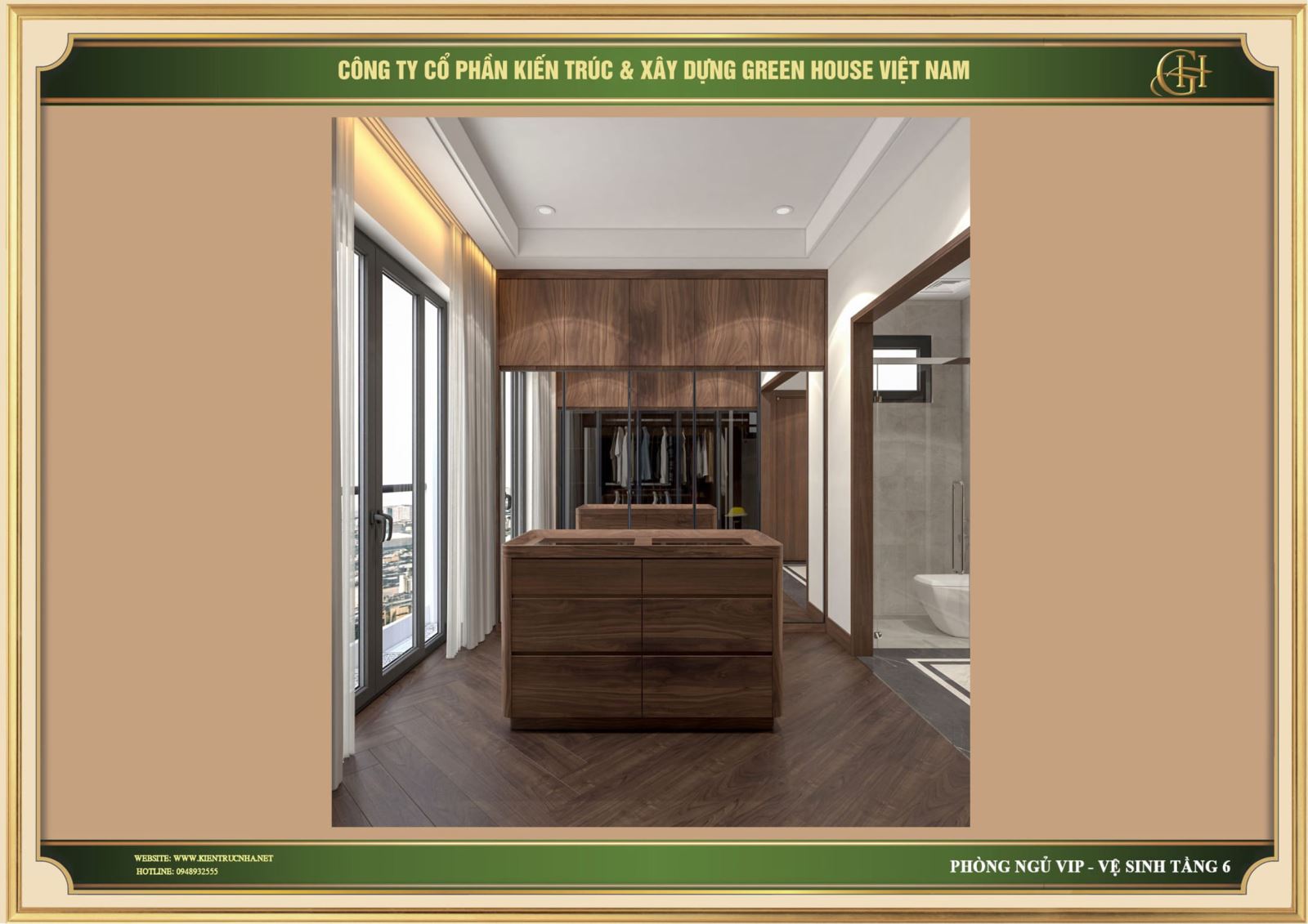 Phía trong phòng thay đồ nổi bật với hệ thống tủ quần áo kịch trần có cánh cửa kính