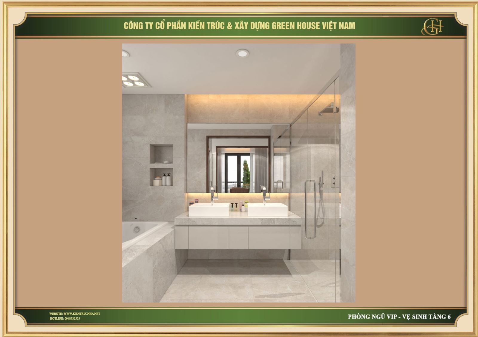 Ngay cạnh cùng nằm trong một không gian với phòng thay đồ là phòng tắm lớn hiện đại