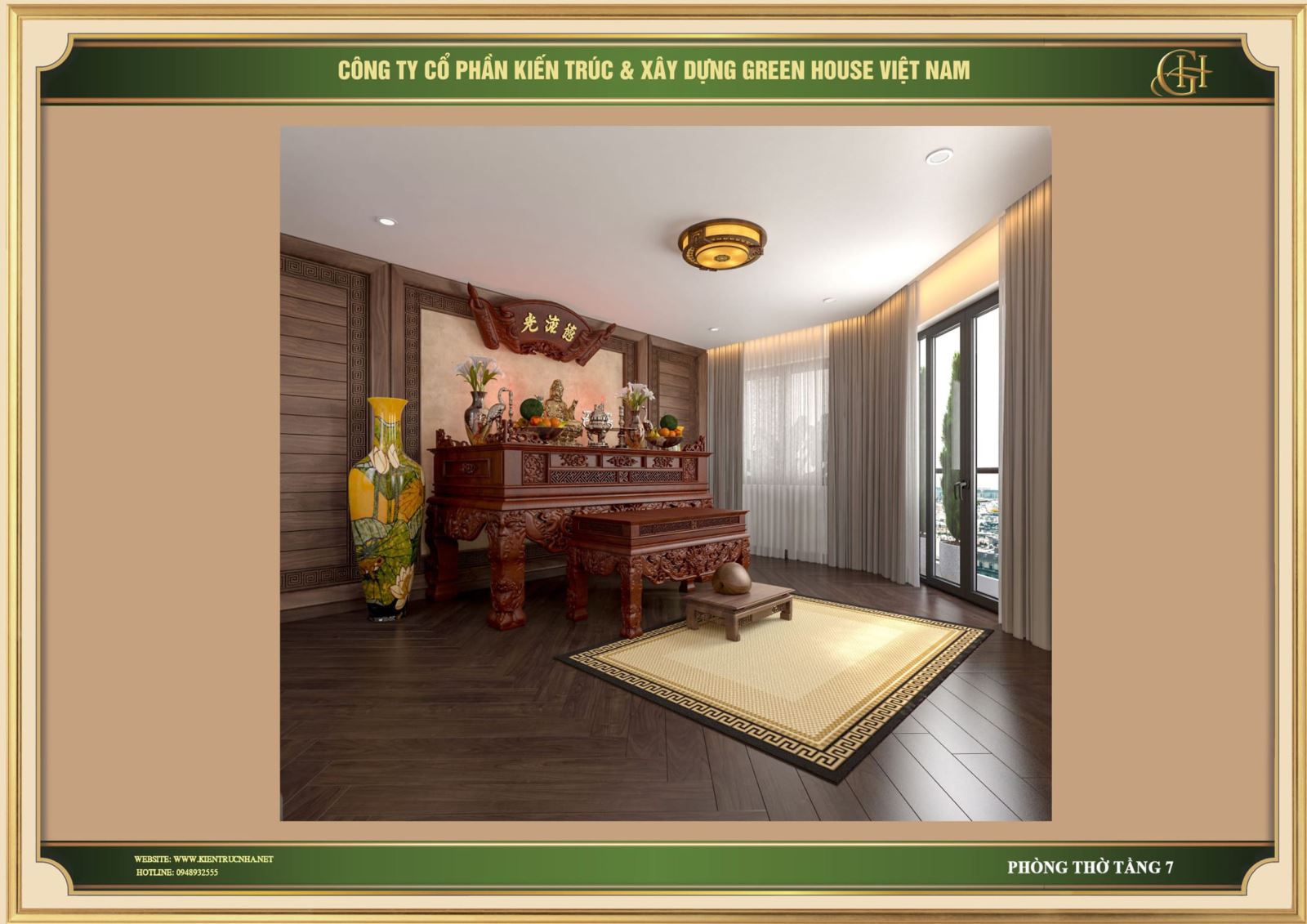 Phòng thờ được sử dụng toàn bộ bằng gỗ cao cấp trông cực kỳ sang trọng