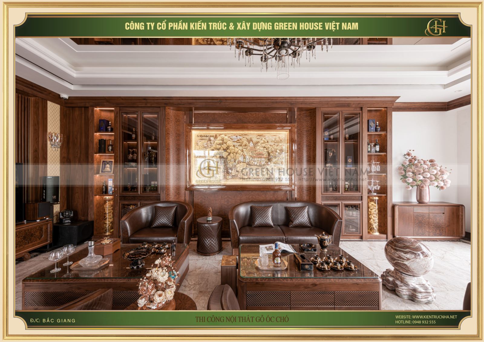 Phòng khách biệt thự gỗ óc chó cao cấp, hiện đại tại Bắc Giang