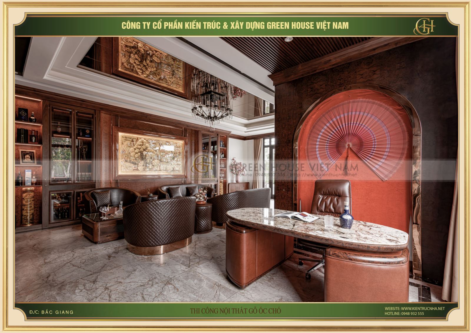 Bên cạnh các đồ nội thất bằng gỗ óc cho và chất liệu da tone nâu thì biệt thự còn điểm nổi bật với chi tiết đỏ nâu