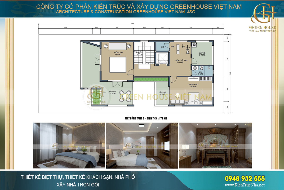 Thiết kế công năng sử dụng của tầng 3 biệt thự hiện đại 3 tầng tại Bắc Giang