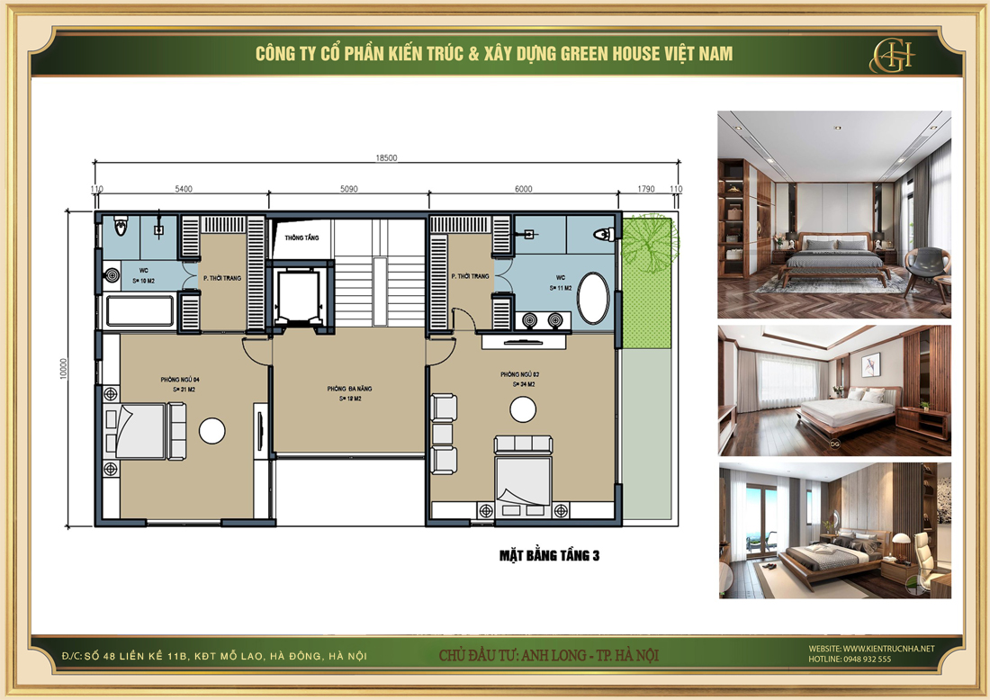 Mặt bằng công năng sử dụng của tầng 3 biệt thự hiện đại 4 tầng tại Hà Nội