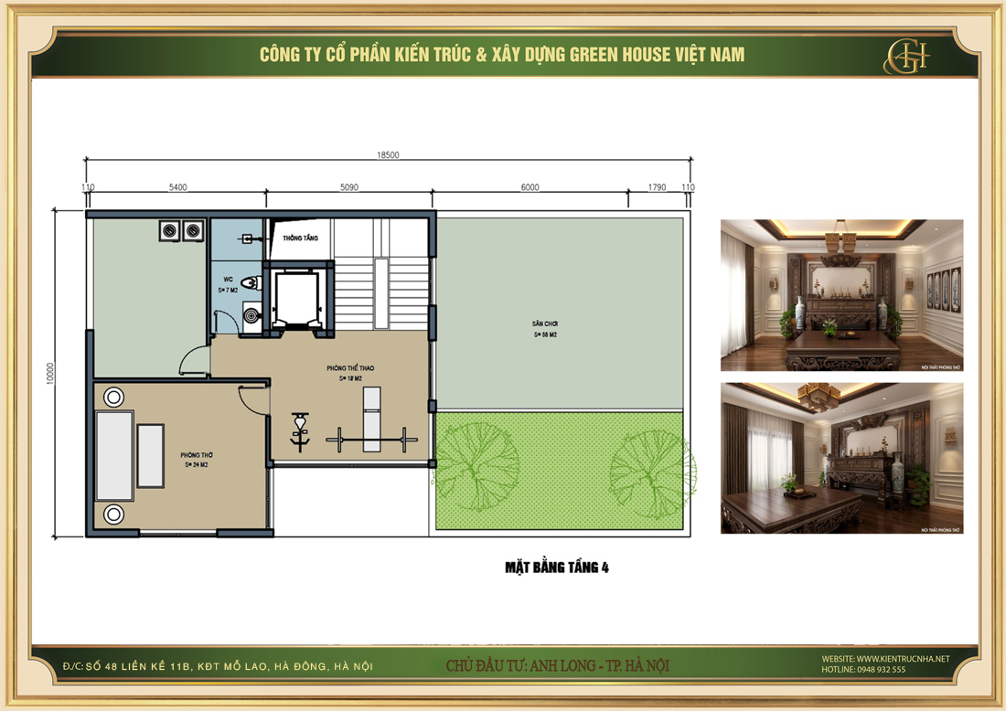 Mặt bằng công năng sử dụng của tầng 4 biệt thự hiện đại 4 tầng tại Hà Nội