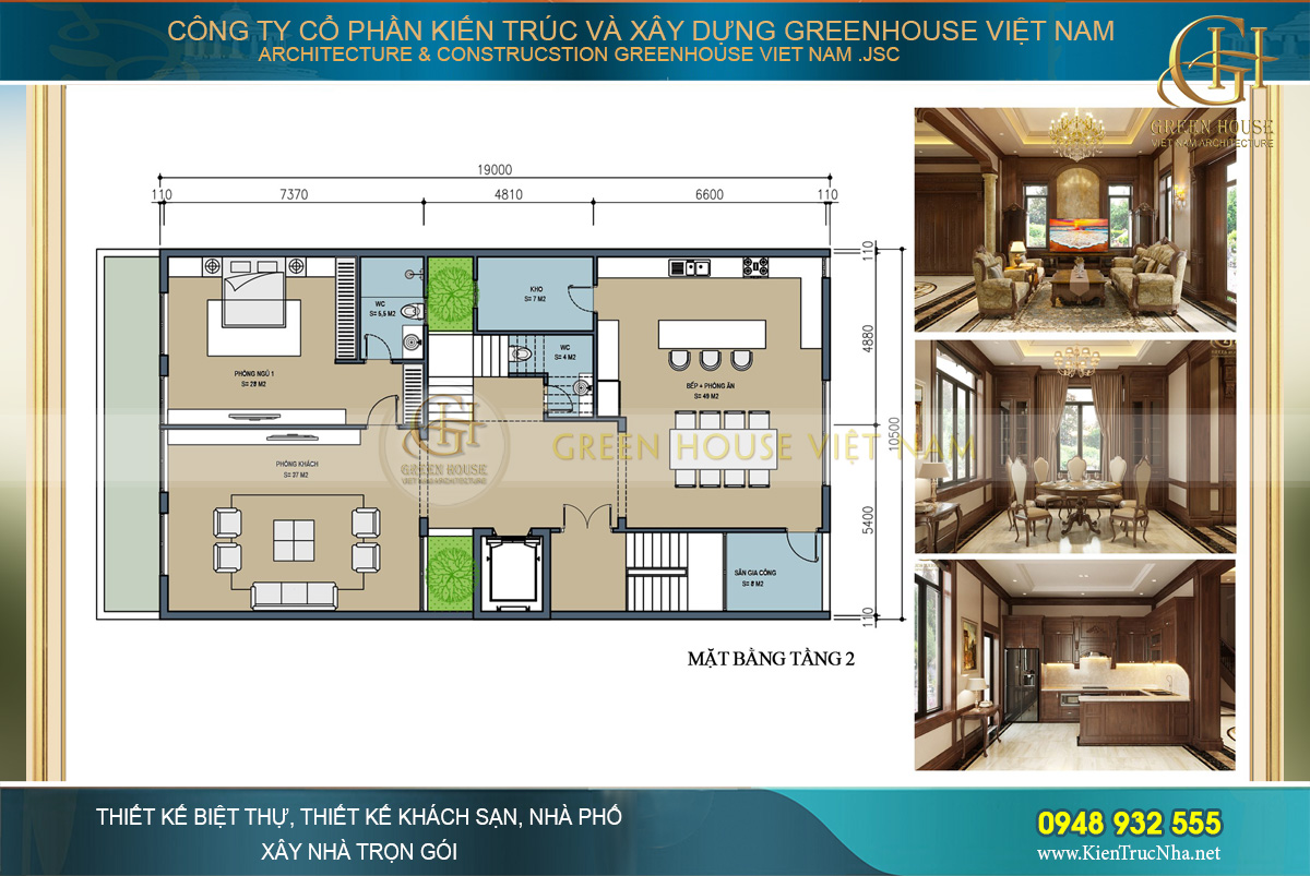 Bố trí công năng tầng 2 với, phòng khách, phòng bếp và phòng ăn và phòng ngủ