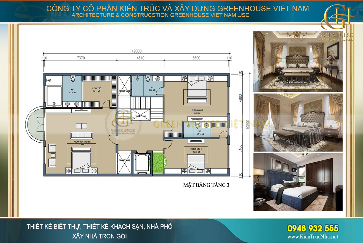 Tầng 3 là nơi bố trí phòng ngủ cho cả gia đình và phòng sinh hoạt chung