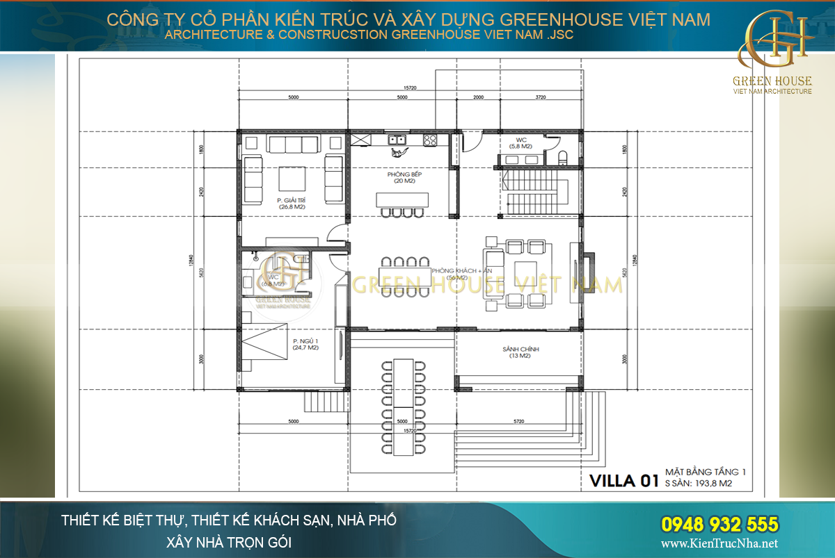 Mặt bằng công năng tầng 1 tại villa số 1 - Green House Việt Nam