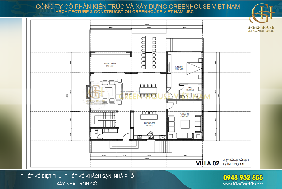 Mặt bằng công năng tầng 1 villa 2- Green House Việt Nam