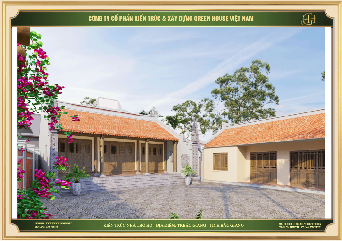 Phối cảnh mặt tiền của nhà thờ họ với chất liệu gỗ tự nhiên