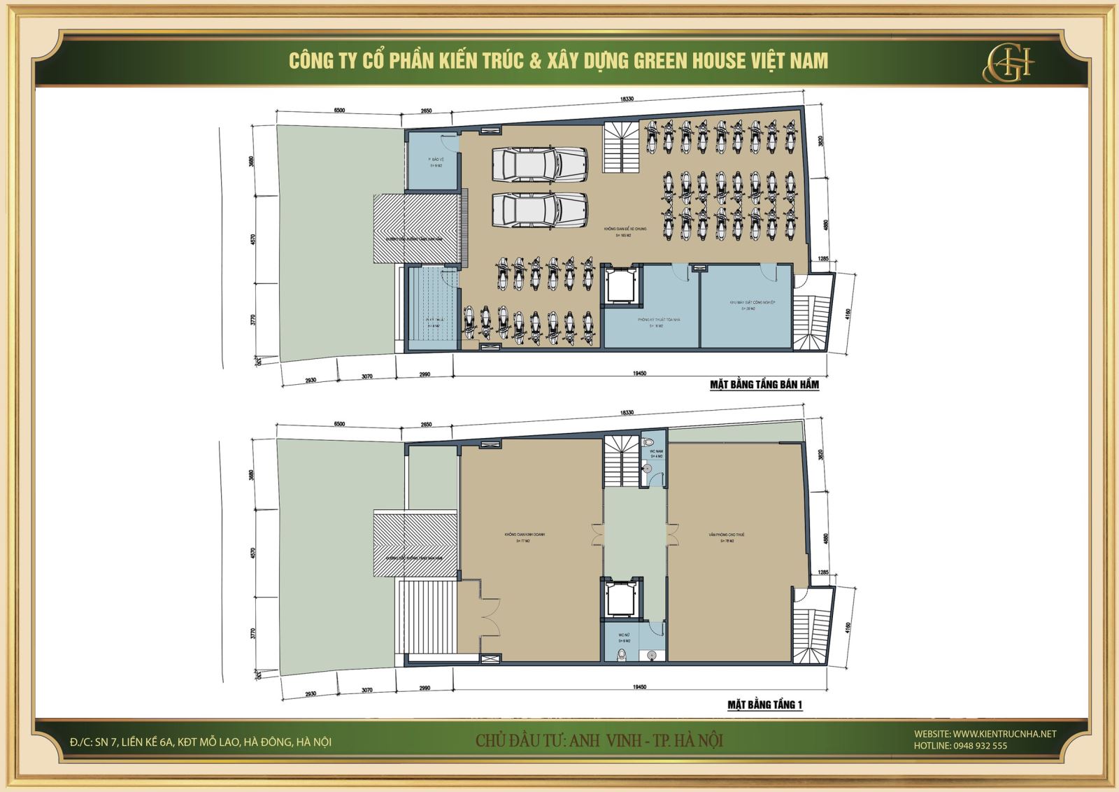 Thiết kế mặt bằng công năng tầng hầm và tầng 1 của căn hộ cho thuê 9 tầng tại Hà Nội