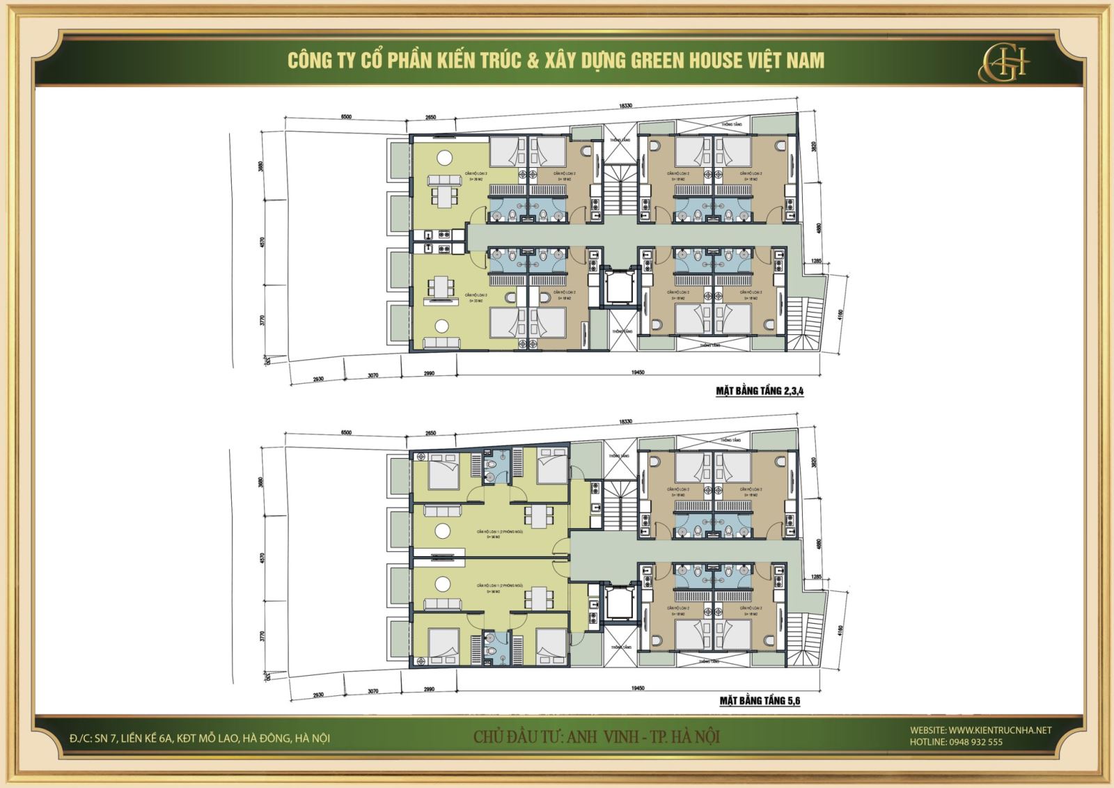 Thiết kế mặt bằng tầng 2,3,4,5,6 của căn hộ cho thuê 9 tầng tại Hà Nội