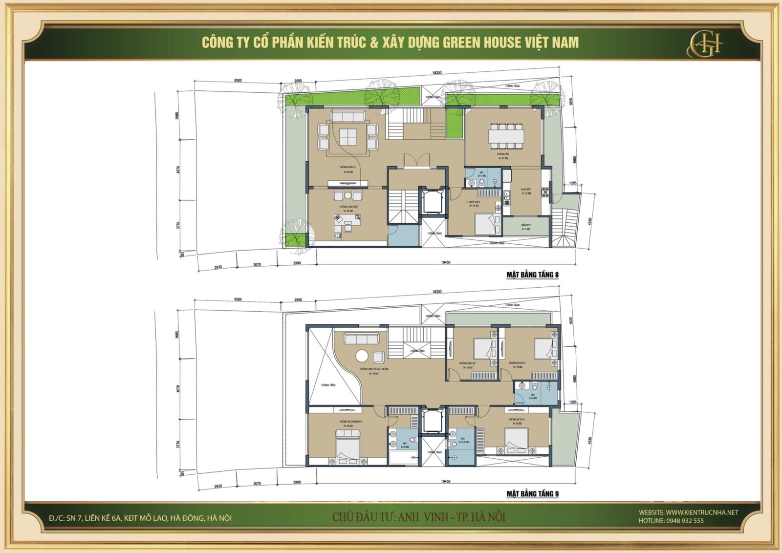 Thiết kế mặt bằng tầng 8,9 của căn hộ cho thuê 9 tầng tại Hà Nội