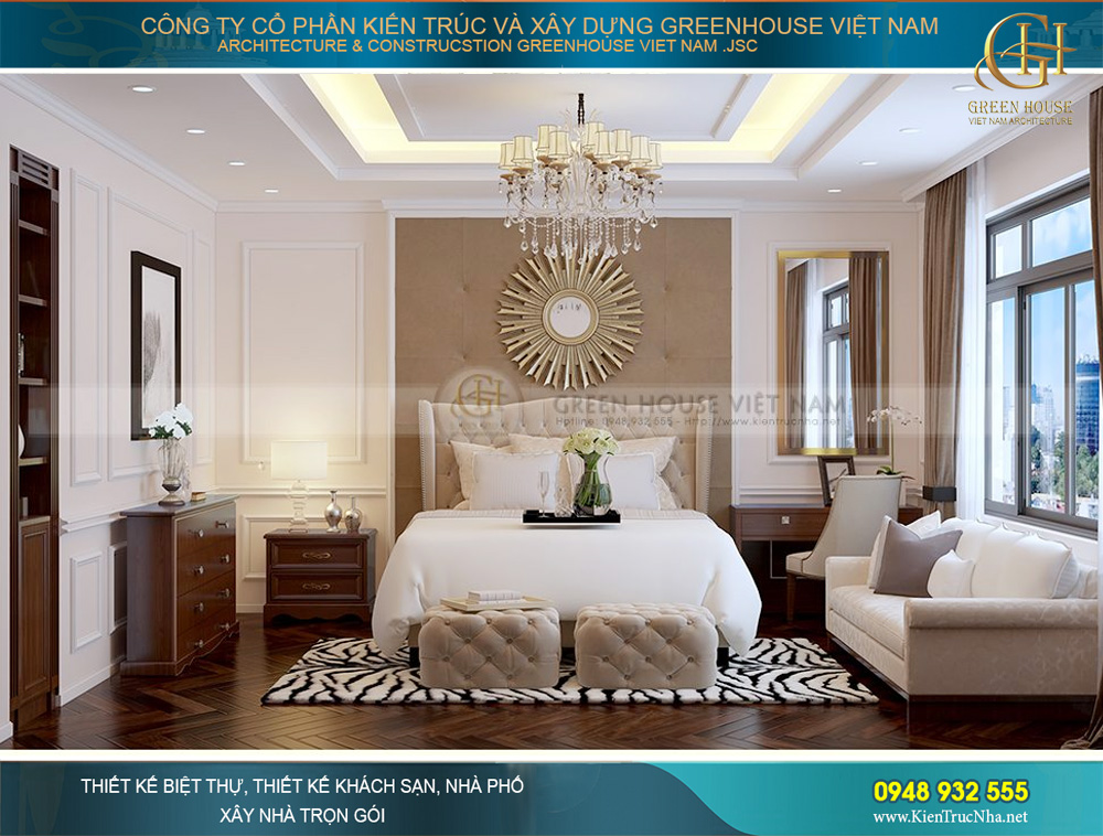 Bởi đây là phòng ngủ được thiết kế cho con của gia đình anh Hiền nên ngoài giường ngủ rộng rãi với ghế dựa cuối giường theo phong cách cổ điển Châu Âu thì nội thất còn được bố trí thêm một tủ quần áo kết hợp với bàn học và giá sách để phục vụ nhu cầu học tập của con