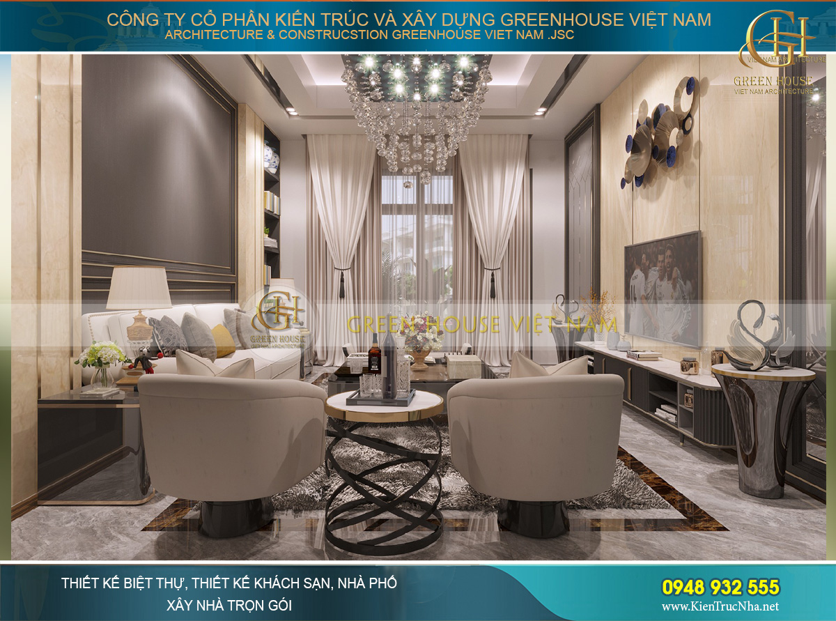 Thiết kế nội thất phòng khách hiện đại của nhà phố 4 tầng