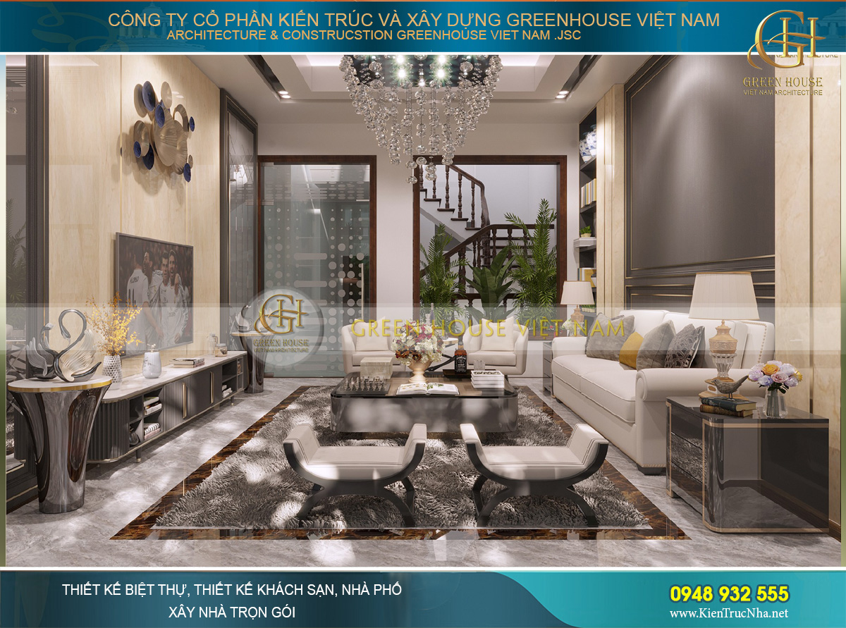 Thiết kế nội thất phòng khách hiện đại của nhà phố 4 tầng